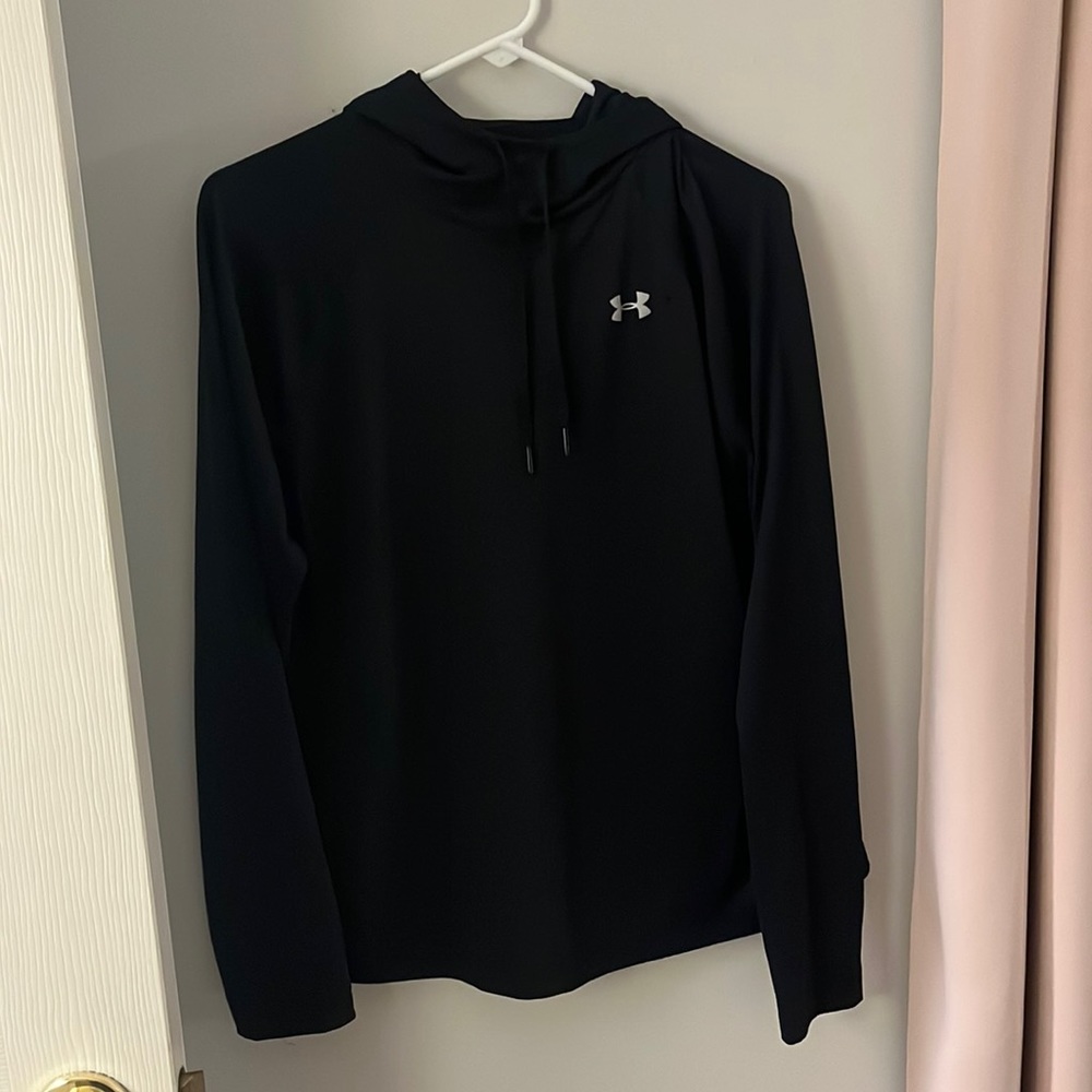Black, dri-fit, long sleeve with hoodie, very lightweight, XL, lightly used
